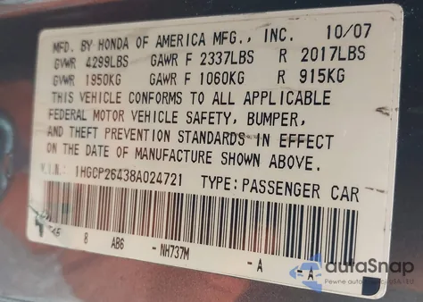 2008 Honda Accord 2.4 Lx-P z USA, uszkodzony, nr VIN 1HGCP26438A024721